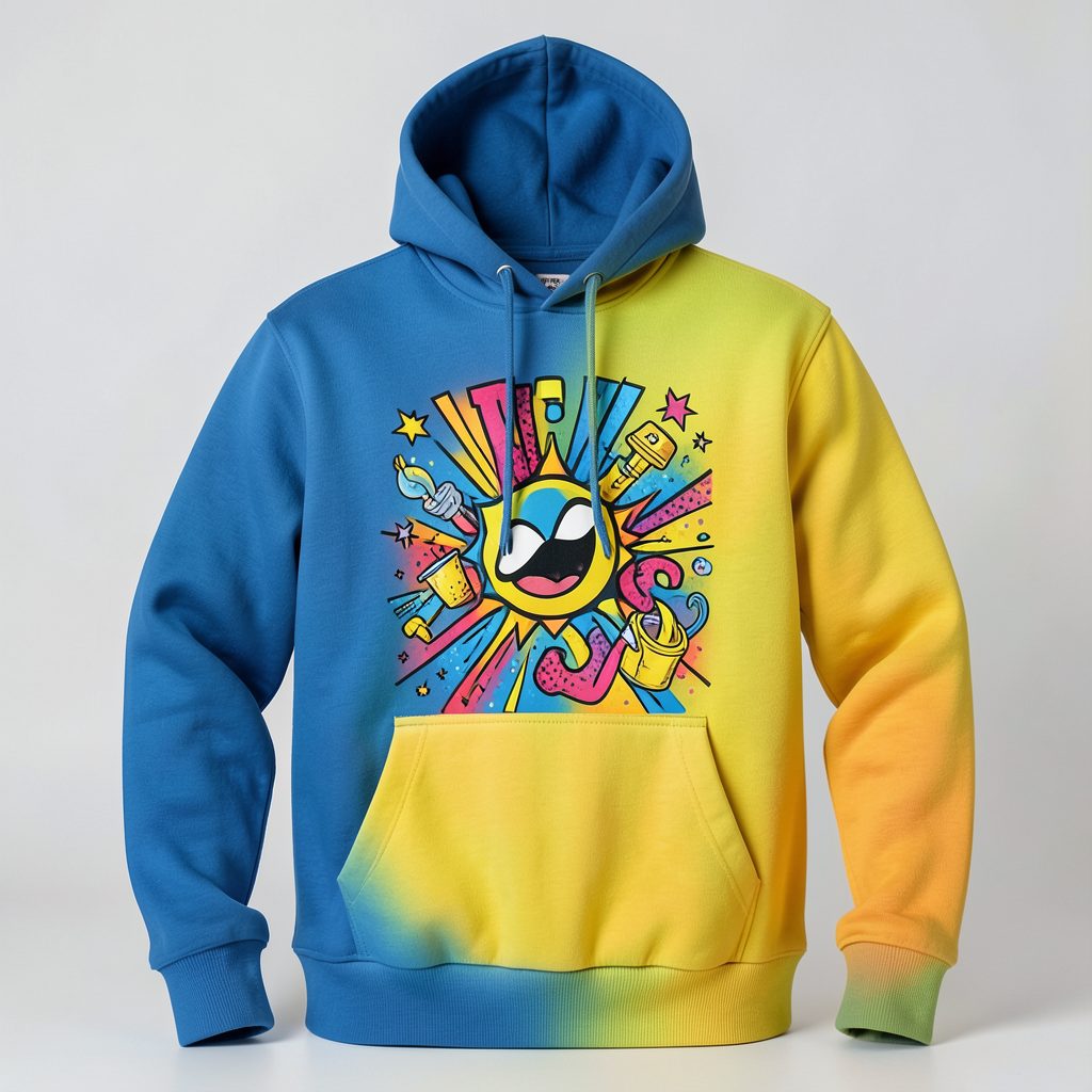 A hoodie featuring a playful pop-culture-inspired graphic in bright contrasting colors