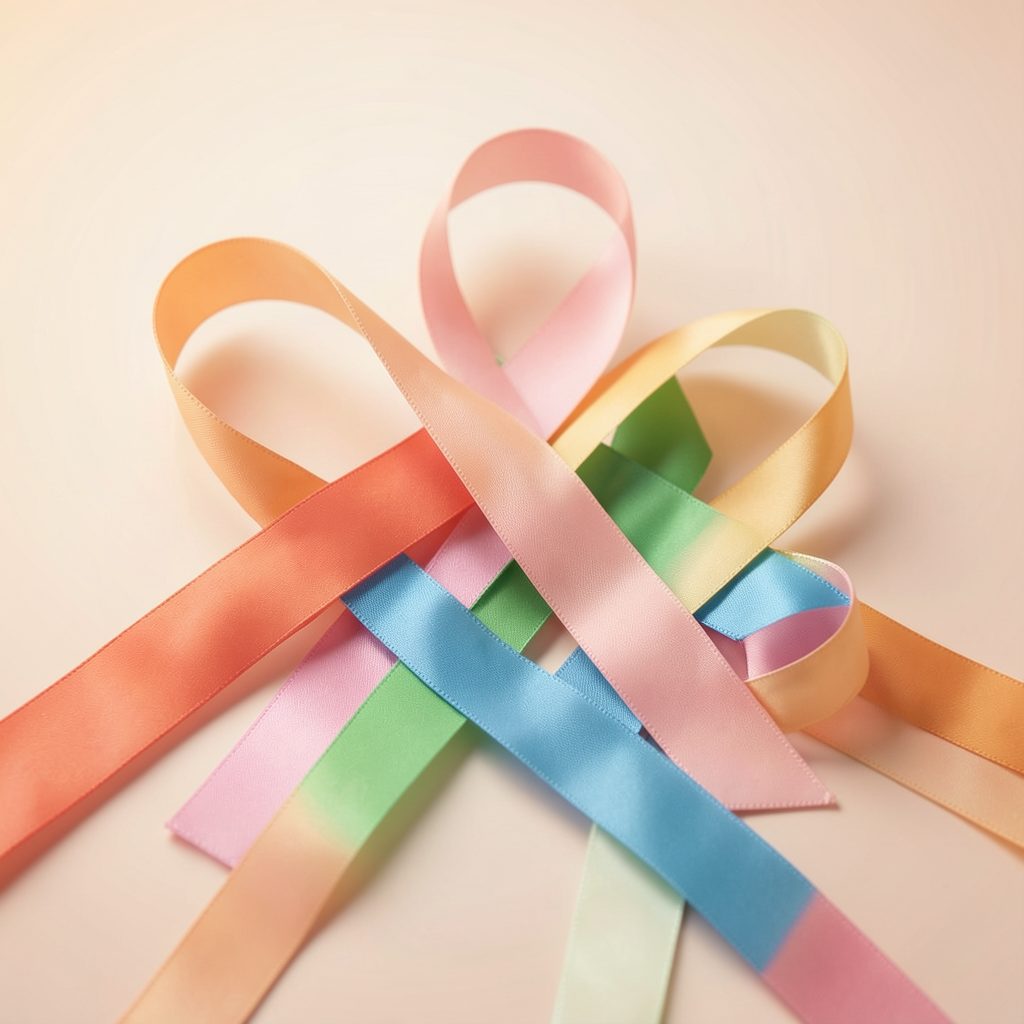 A soft, warm-toned arrangement of awareness ribbons in multiple colors on a gentle gradient background, conveying support and unity.
