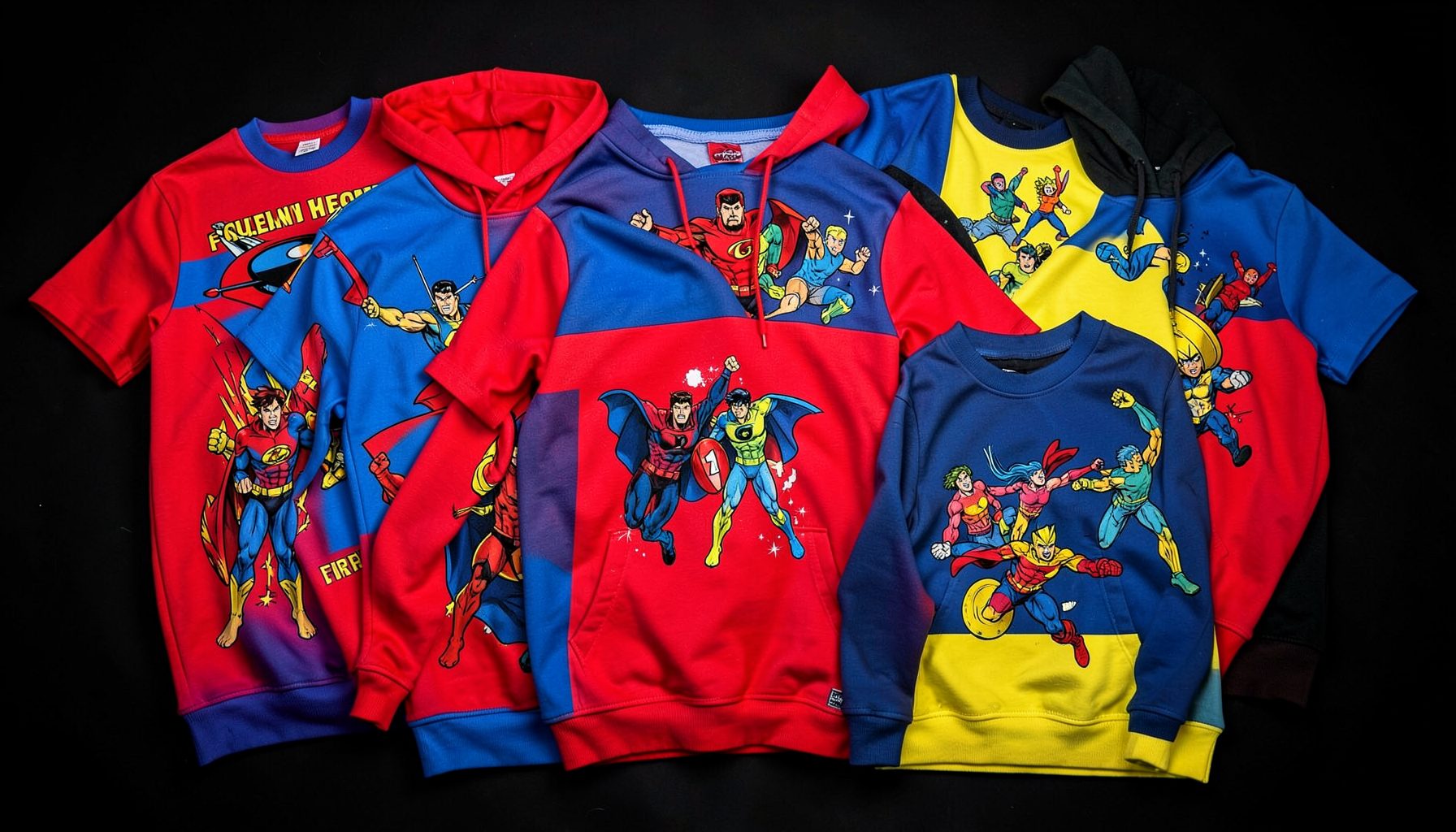 Colorful arrangement of pop-culture themed apparel including superhero and animated character designs on shirts and hoodies