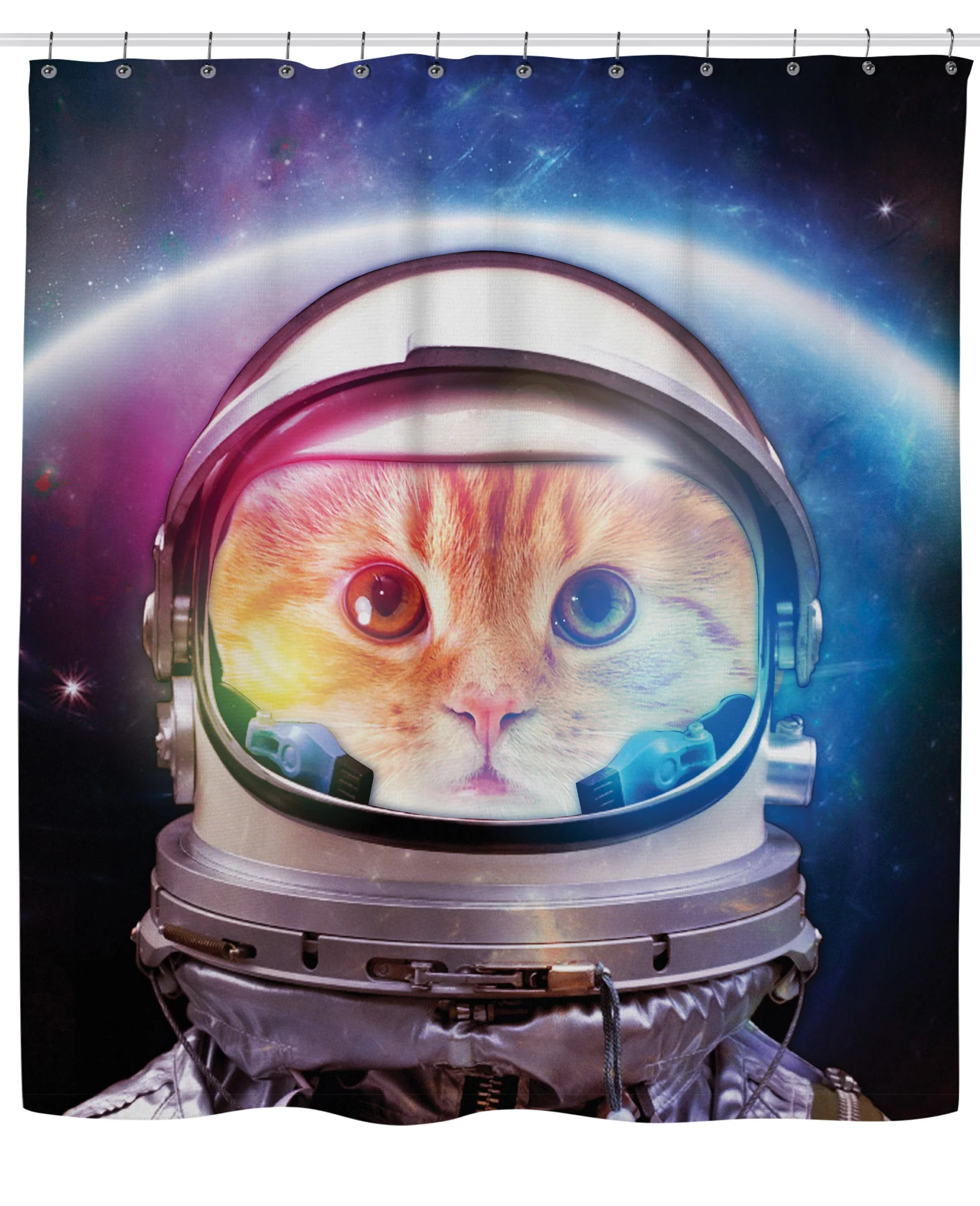 Shower curtain printed with a graphic of a cat's face inside an astronaut helmet against a starry space background