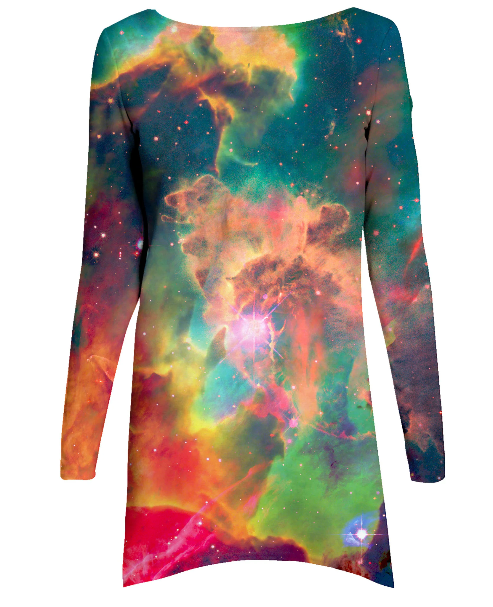Long-sleeve dress with an all-over colorful nebula and starfield print in orange, teal, pink and green